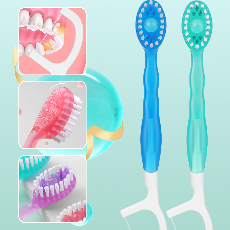 Portable 5-in-1 oral care kit with toothbrush, floss, and toothpaste for travel hygiene