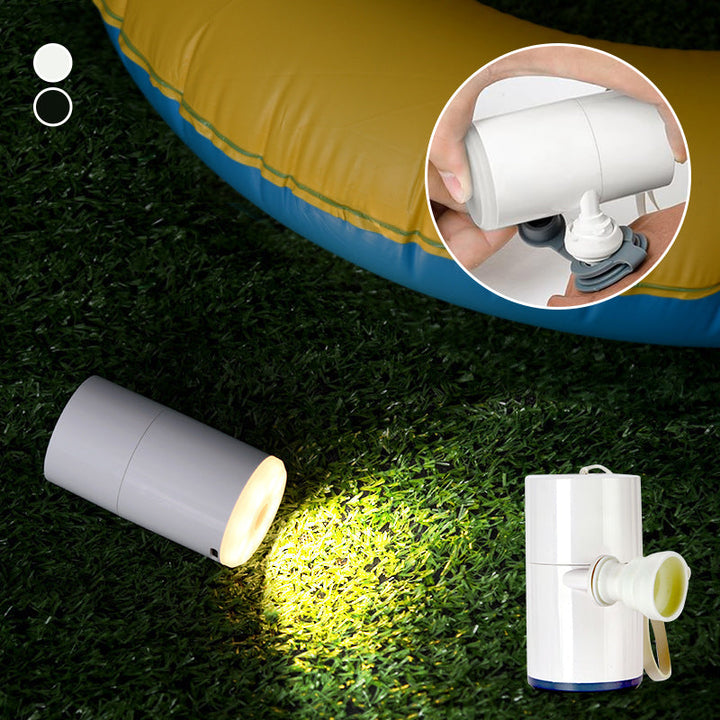 Portable air pump & camping lantern for outdoor adventures; USB rechargeable mini pump with light.
