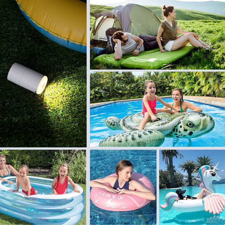 Compact outdoor air pump with bright camping lantern, ideal for inflation, deflation, and light.