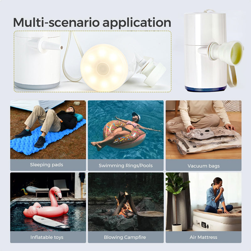 USB rechargeable outdoor air pump and camping light; versatile portable charger for travel.