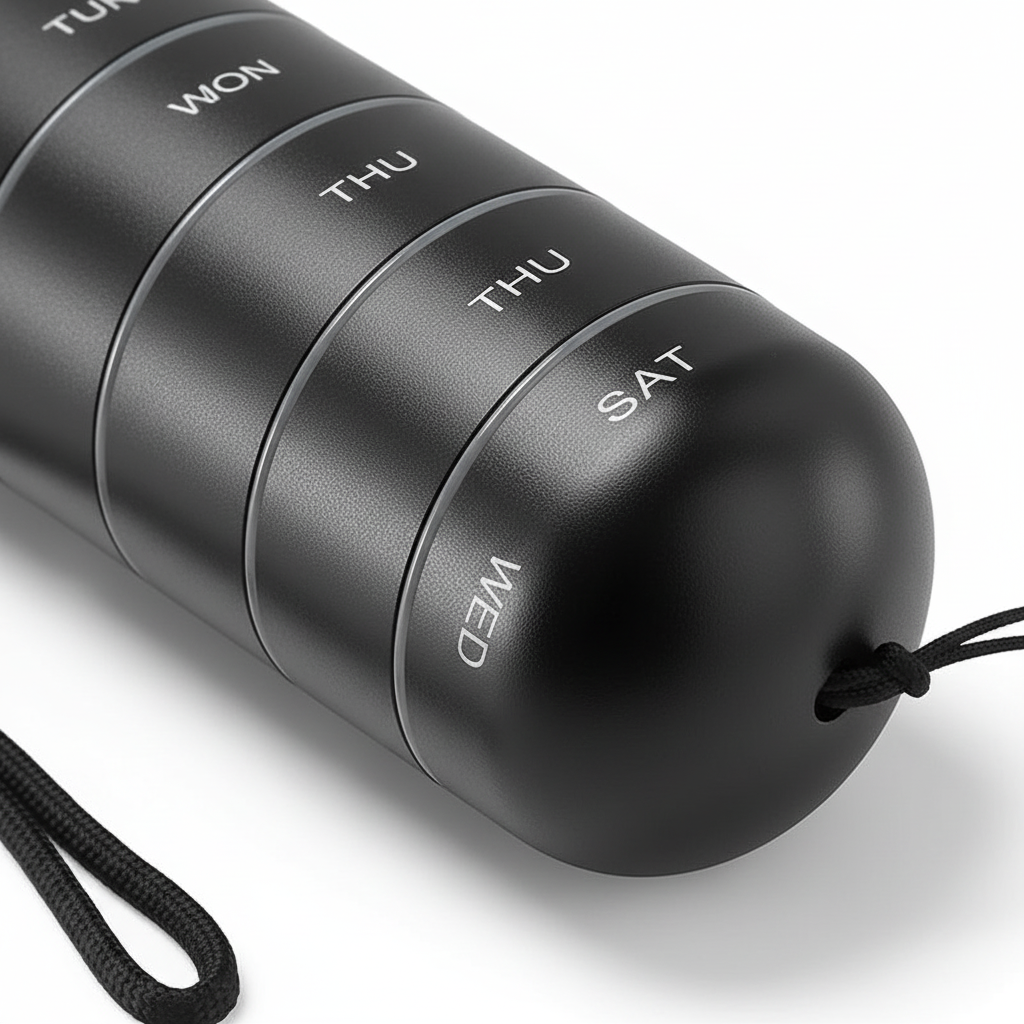 Unisex daily pill holder for 7-day medication organization, sleek aluminum design.