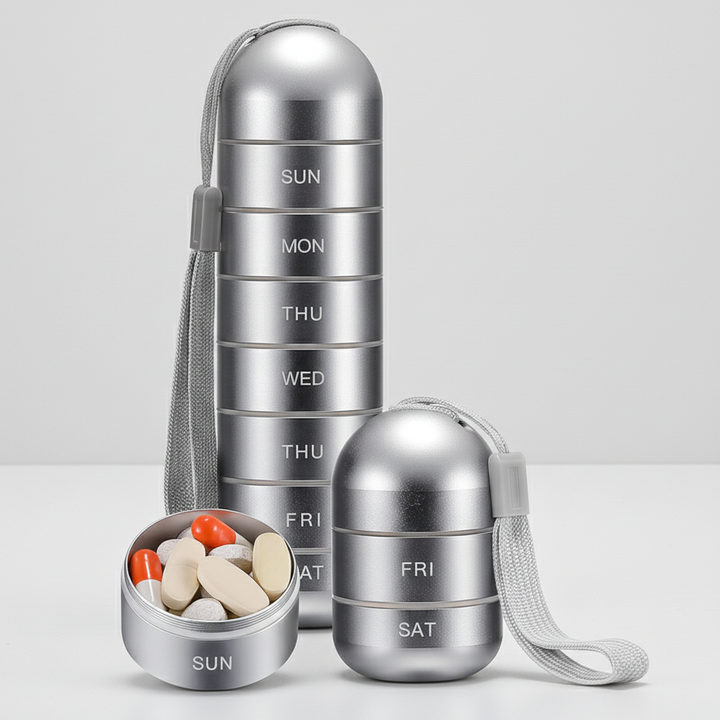 Compact, portable aluminum travel case for daily pills and vitamins, secure medicine storage.