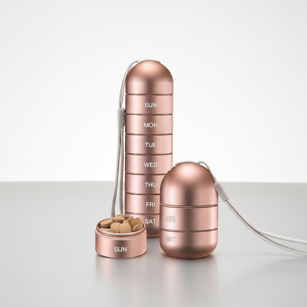 7-day waterproof aluminum pill organizer, perfect for daily medication and travel.