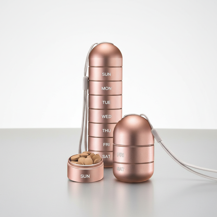 7-day waterproof aluminum pill organizer, perfect for daily medication and travel.
