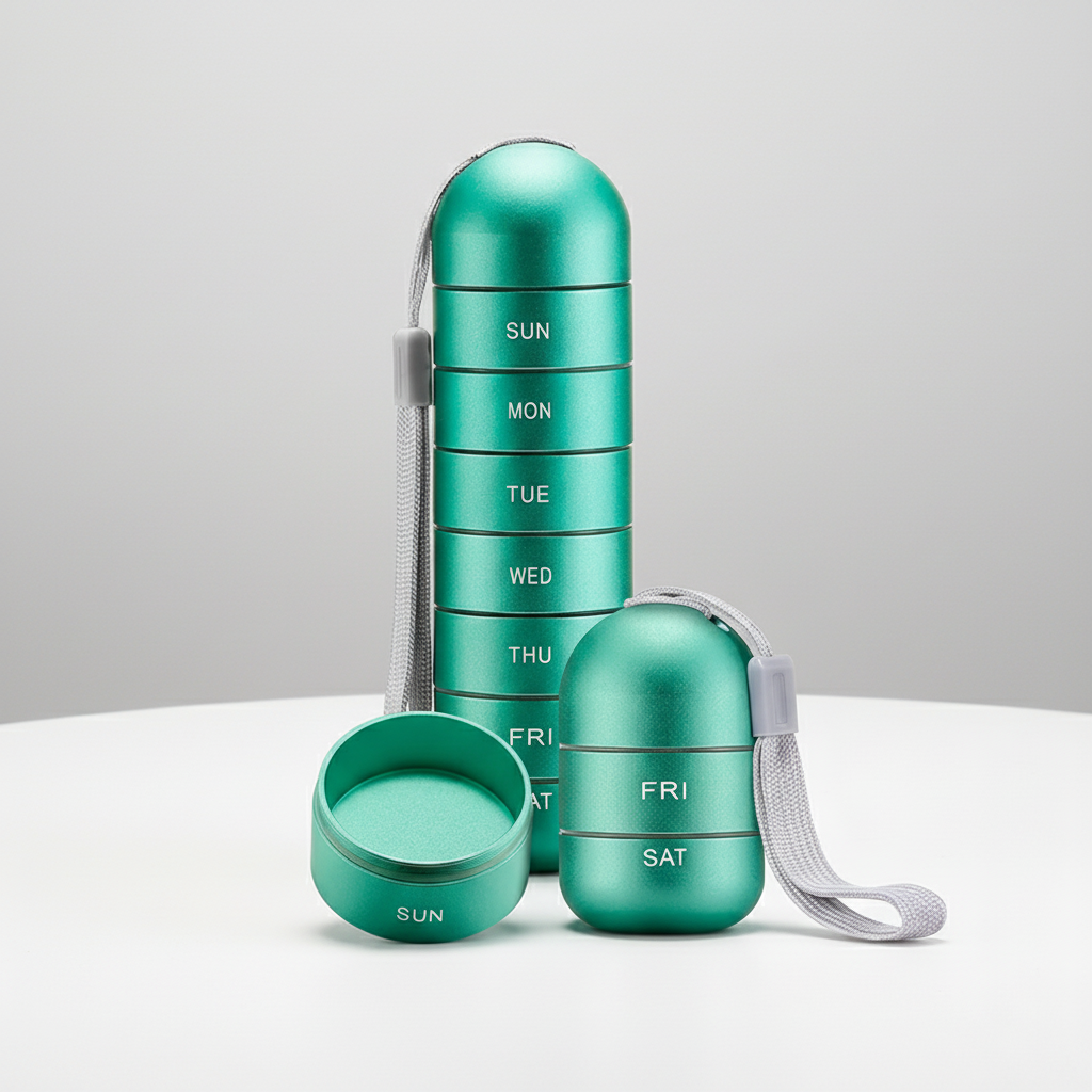 Durable aluminum medication organizer, a portable vitamin holder for weekly pills.