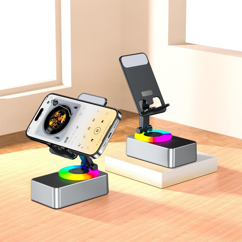 Portable Bluetooth speaker phone stand with 5000mAh power bank for mobile charging & audio