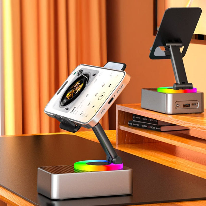 Tech gadget: Multimedia phone stand featuring Bluetooth speaker & power bank, black finish