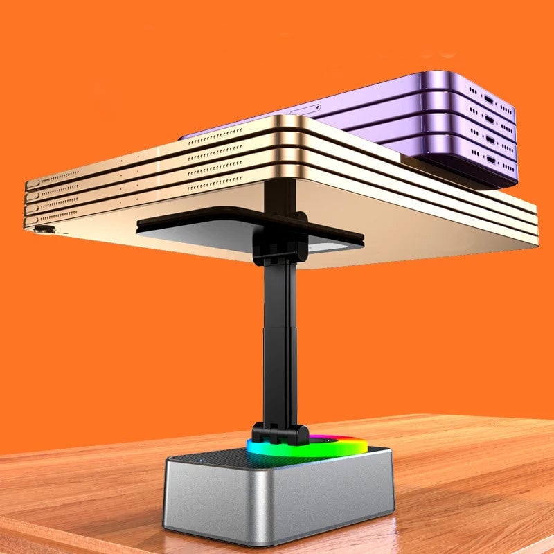 Compact phone stand with a 5W Bluetooth speaker and a 5000mAh portable power bank