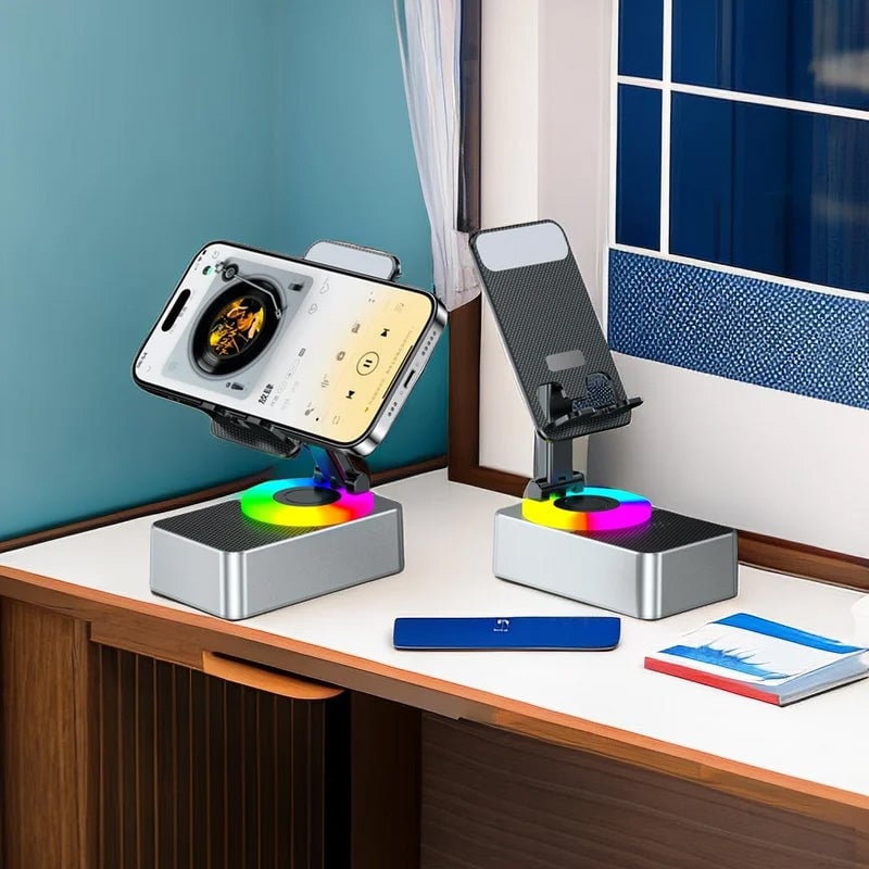 Dual-function phone stand: Bluetooth speaker for music & power bank for device charging