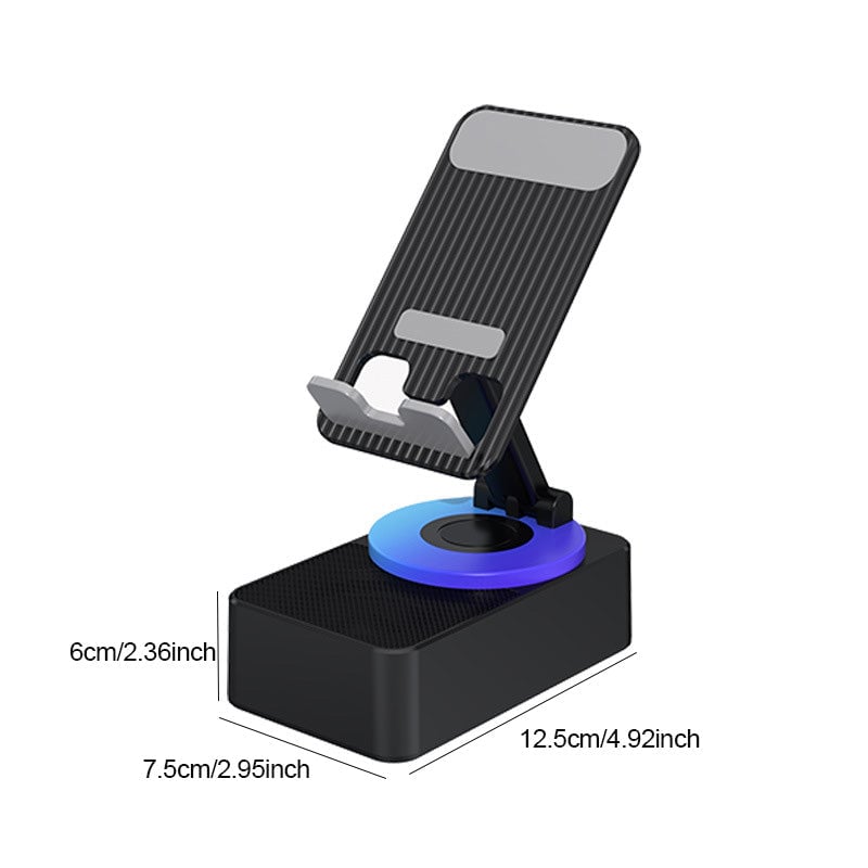 Sleek black phone stand with powerful Bluetooth speaker and essential power bank feature
