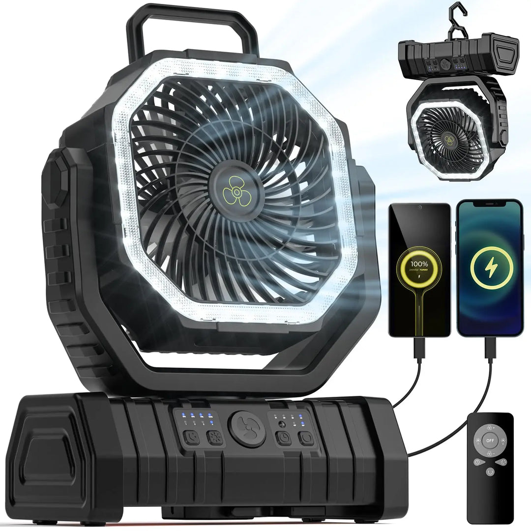 Versatile camping gear: portable fan, powerful LED lantern, and 20000mAh power bank.
