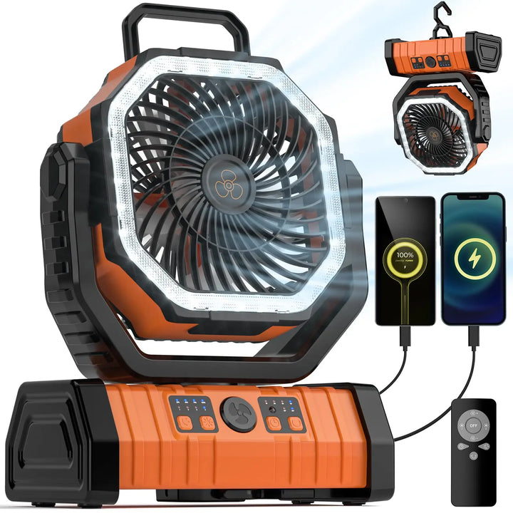 Quiet camping fan with adjustable LED light for a peaceful, well-lit tent environment.