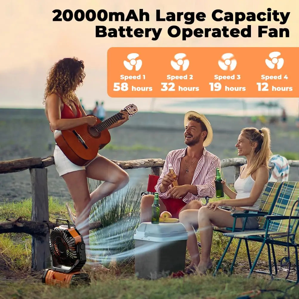 Outdoor emergency light & portable fan with 20000mAh battery, essential for outages.