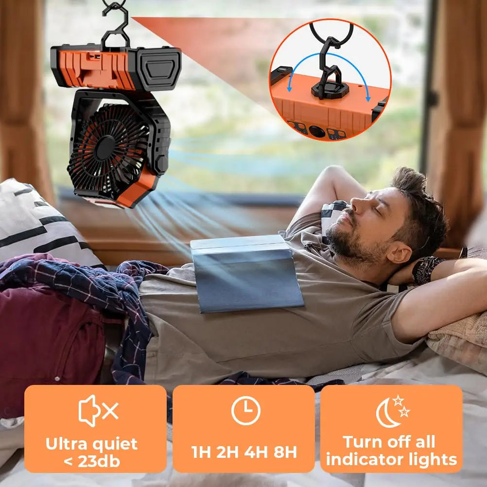 Powerful 20000mAh power bank charges phones while the fan keeps you cool; multi-functional outdoor gear.
