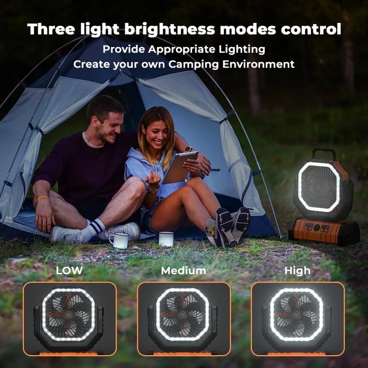 Rechargeable LED light combined with a portable fan, ideal for camping, hiking, and backyard.