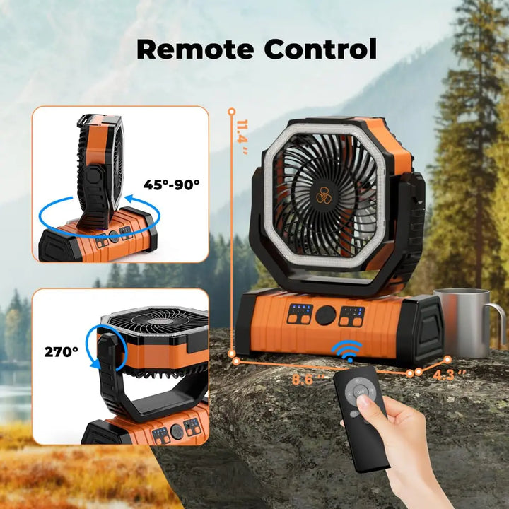 USB-powered fan with long-lasting 20000mAh battery & bright LED for all-day cooling and light.