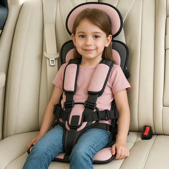 Lightweight, easy-install child travel safety seat with 5-point harness for cars & taxis.