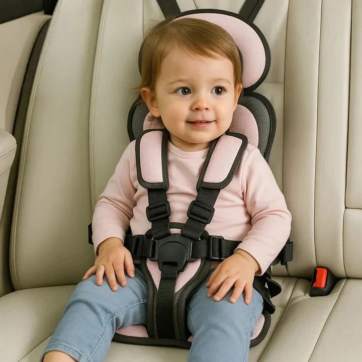 Secure 5-point harness child safety seat, lightweight & portable for all car travel.