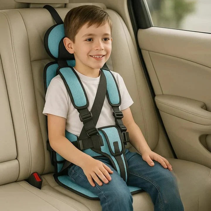 Child car booster seat with secure 5-point harness for travel safety.