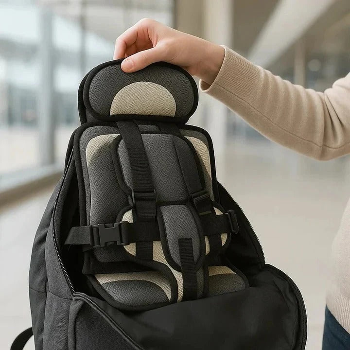 Child's portable travel safety seat, lightweight with 5-point harness, easy for car and taxi.