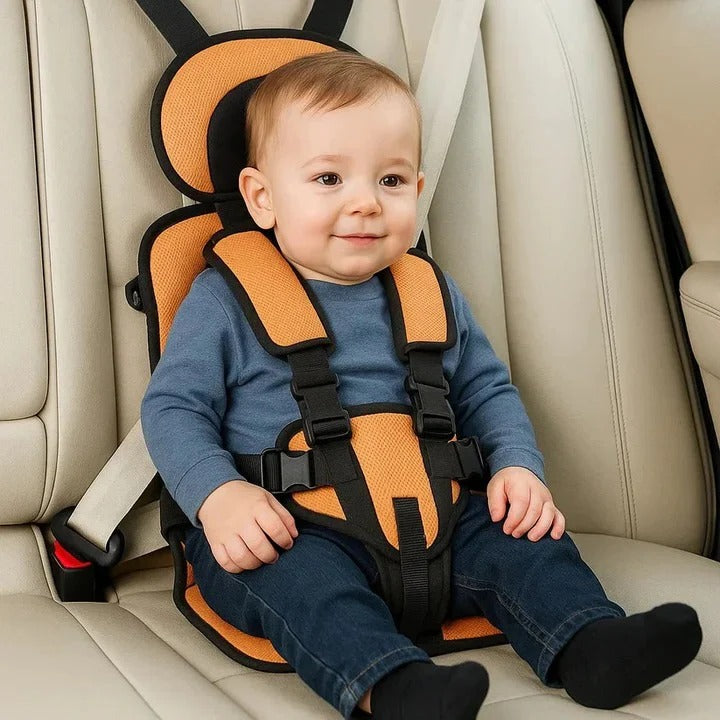 Convenient portable child car seat with 5-point harness, perfect for travel and taxis.