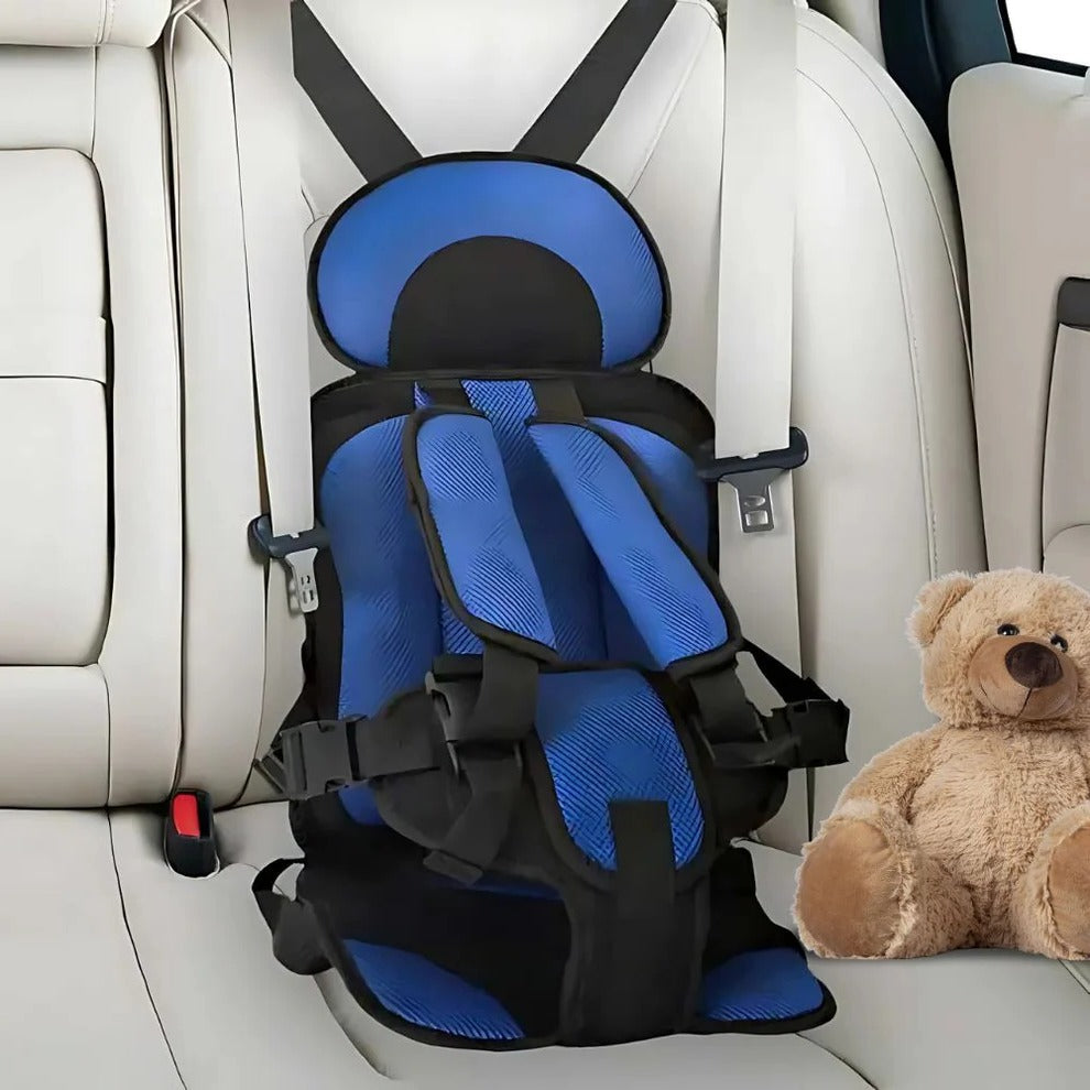 Portable children's car seat cushion with five-point harness for travel safety.