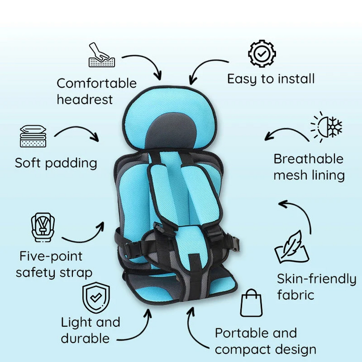 Side view of comfy child car seat with five-point harness for secure riding.