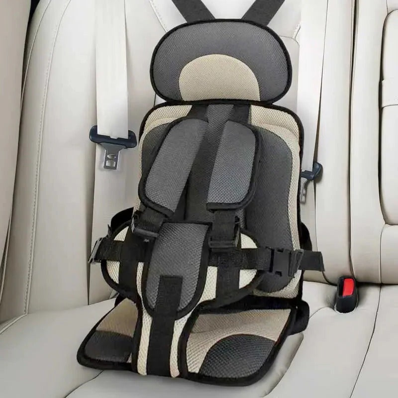 Compact childrens gear: portable booster seat with five-point safety buckle.