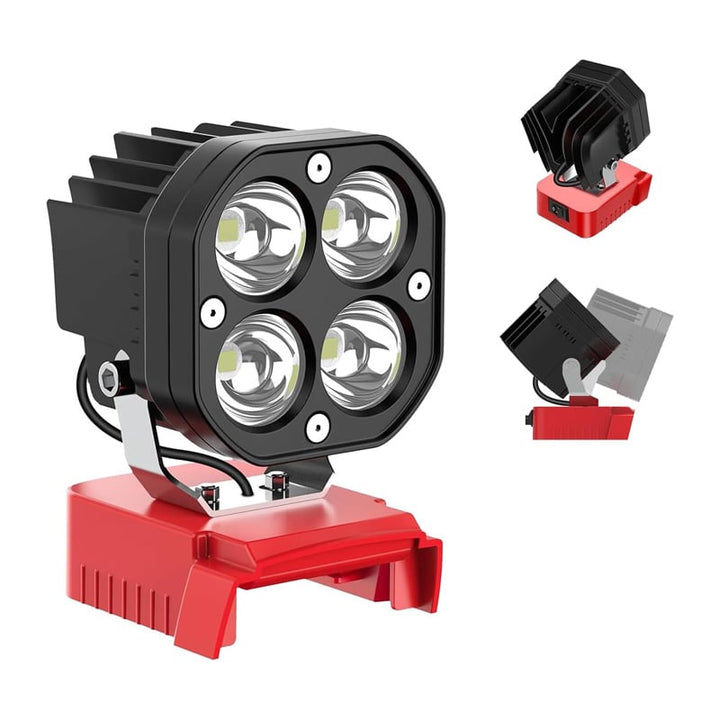 Side view of the cordless LED work light, emphasizing its compact size and 18V power source