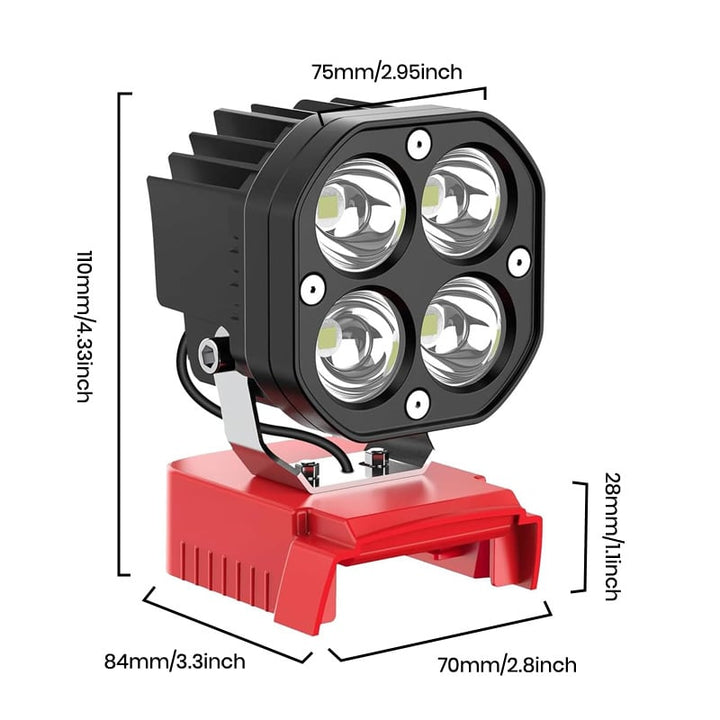 Close-up on the powerful LED array of the portable 18V work light, ensuring optimal brightness