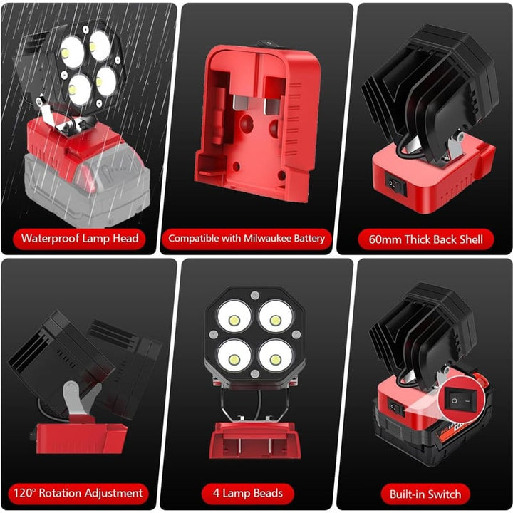 Cordless work light casting a bright beam, ideal for task lighting and utility use in a garage