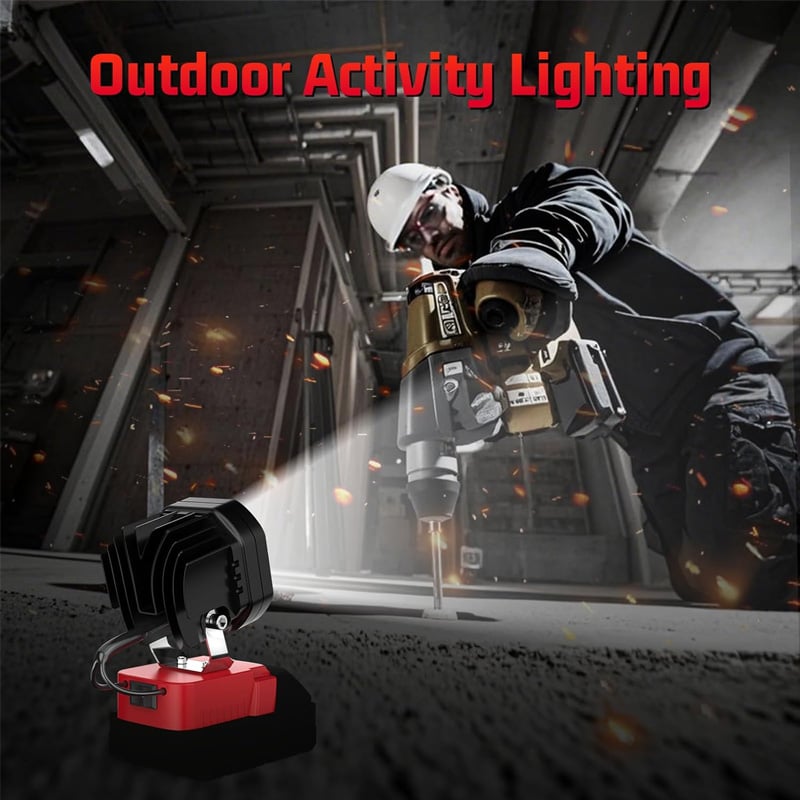Angled shot of a portable LED job site light, highlighting its robust construction and 18V power