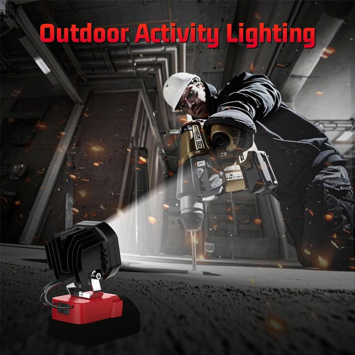 Angled shot of a portable LED job site light, highlighting its robust construction and 18V power