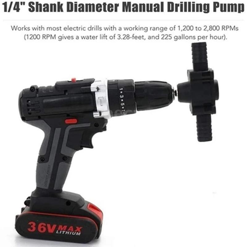 Electric drill attachment water pump, self-priming utility for easy liquid transfer.