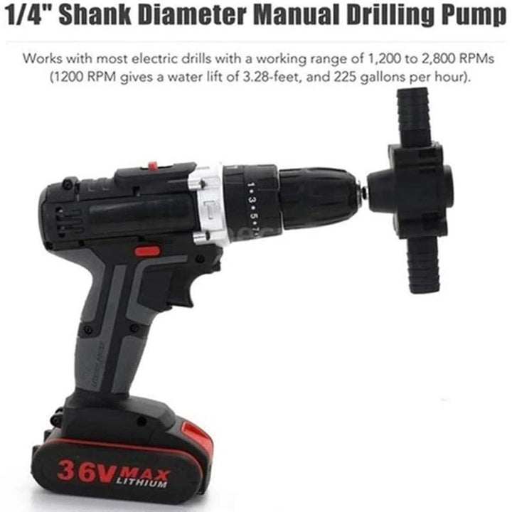 Electric drill attachment water pump, self-priming utility for easy liquid transfer.
