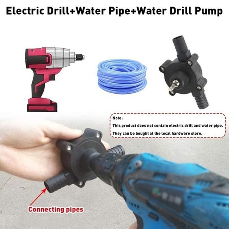 Self-priming liquid transfer pump, powered by a drill for quick and easy fluid movement.