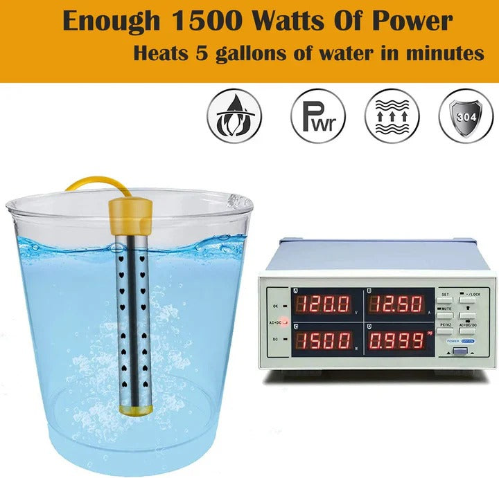 Compact travel immersion heater for camping & RVs, quickly warms water for coffee, tea, or washing.