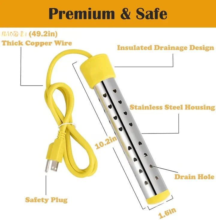 Versatile portable electric immersion heater for travel, camping & home; provides quick hot water on demand.