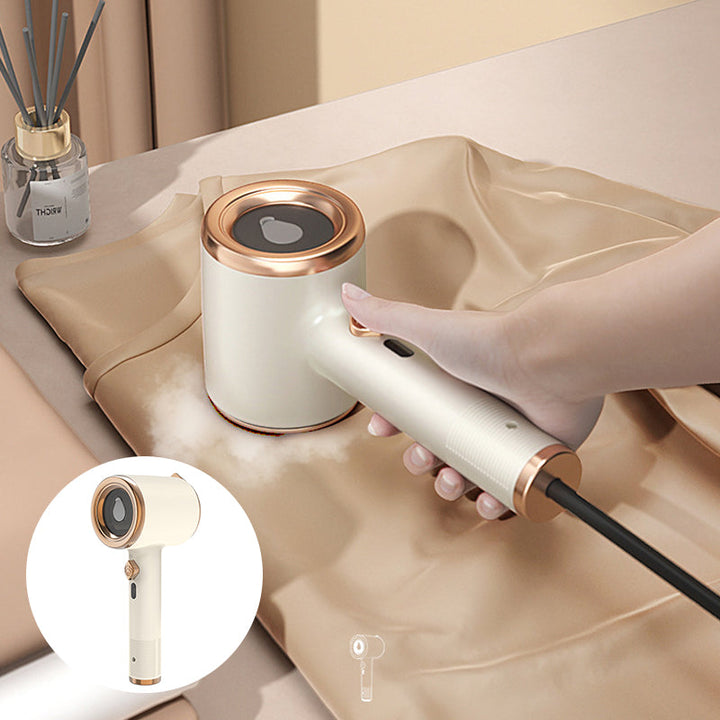 Image showcasing the portable iron's dual functionality as a steamer and flat iron for garment care.