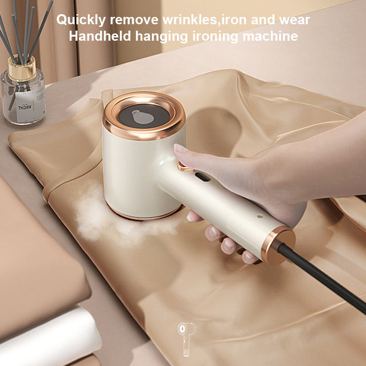 White portable garment steamer with a foldable handle, showcasing its mini iron capability for clothing.