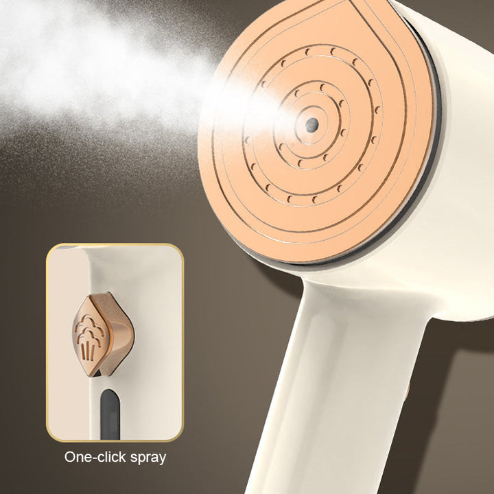 Close-up of the portable garment steamer's nozzle, highlighting its steam output for efficient wrinkle removal.