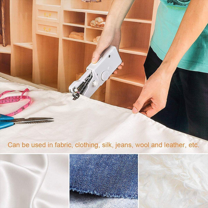 Battery-operated mini sewing machine, perfect for small stitching tasks, crafts, and emergency clothing mends.