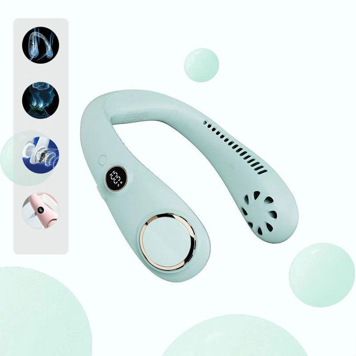 Quiet operation of the neckband fan, illustrated by a peaceful outdoor setting.