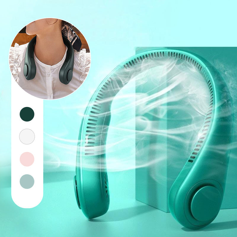 Rechargeable bladeless neckband fan, white, shown on a clean background.