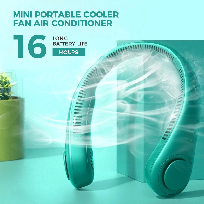 Quiet personal cooler worn around the neck, highlighting the hands-free design.