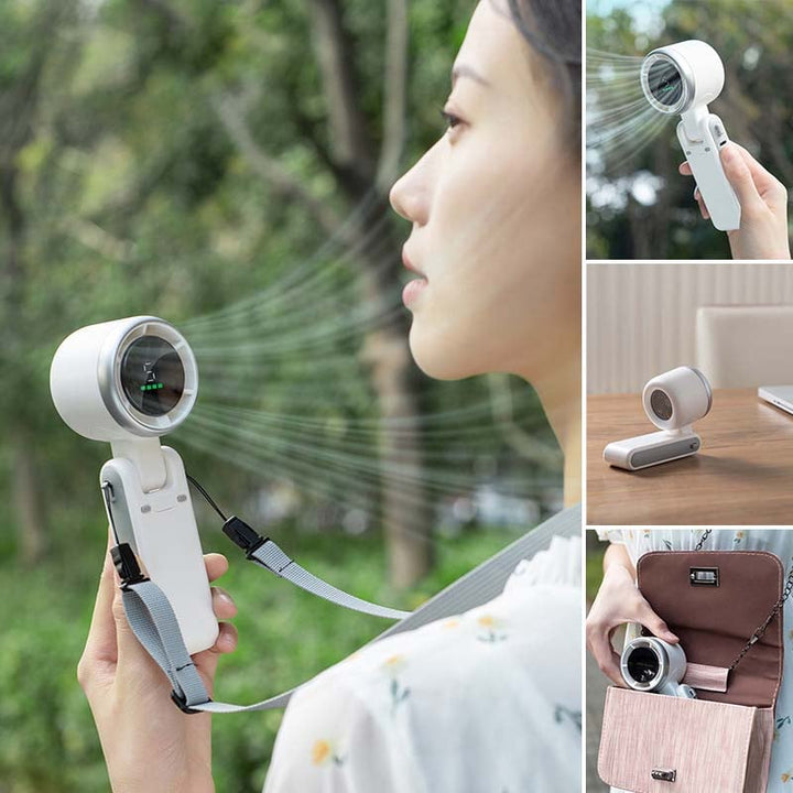 Multi-functional portable fan: neck, handheld, desktop; fast turbine cooling