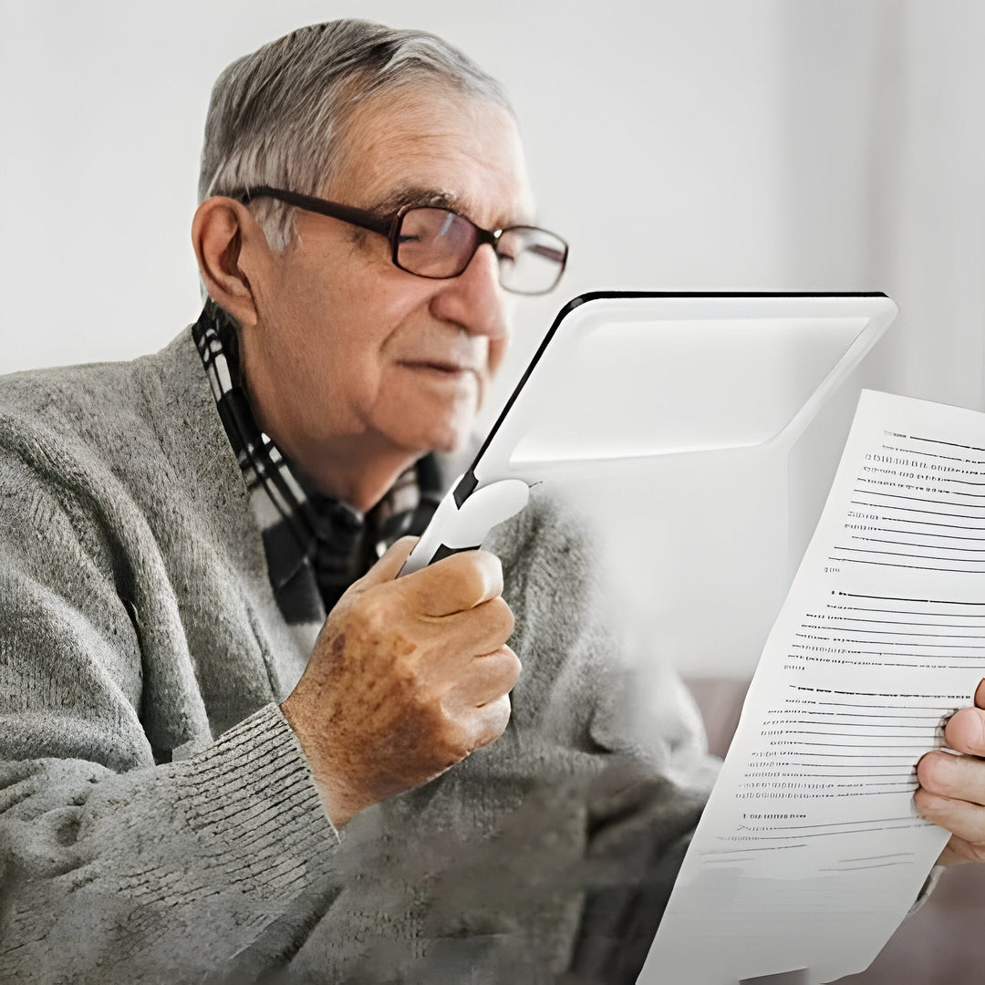 Foldable LED magnifier for crafting, hobbies, and detailed work; features dimmable, adjustable light.