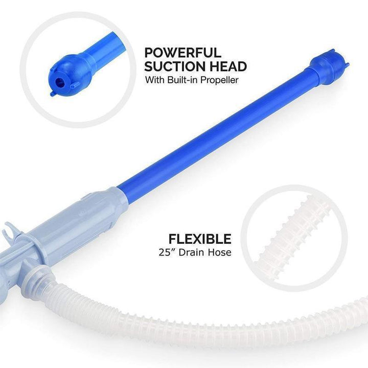 Siphon pump for liquid transfer, showing flexible hose and battery compartment, a versatile utility tool