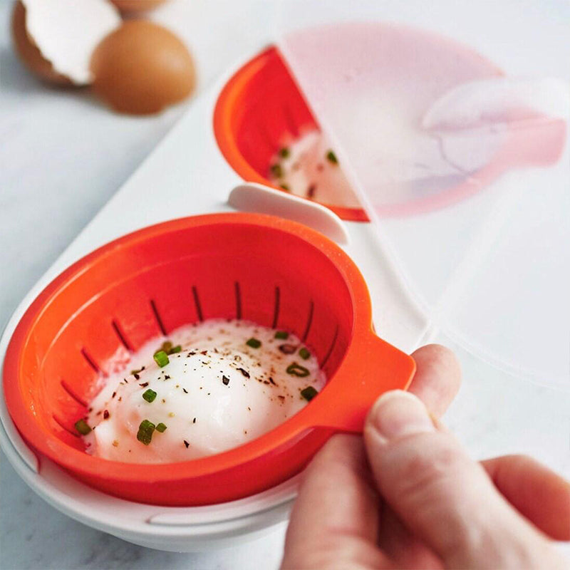 User demonstrating how to use a portable microwave egg cooker for rapid cooking