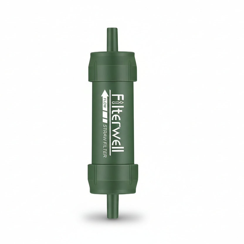 Portable mini water filter straw for clean drinking, ideal for hiking, camping, and outdoor survival.